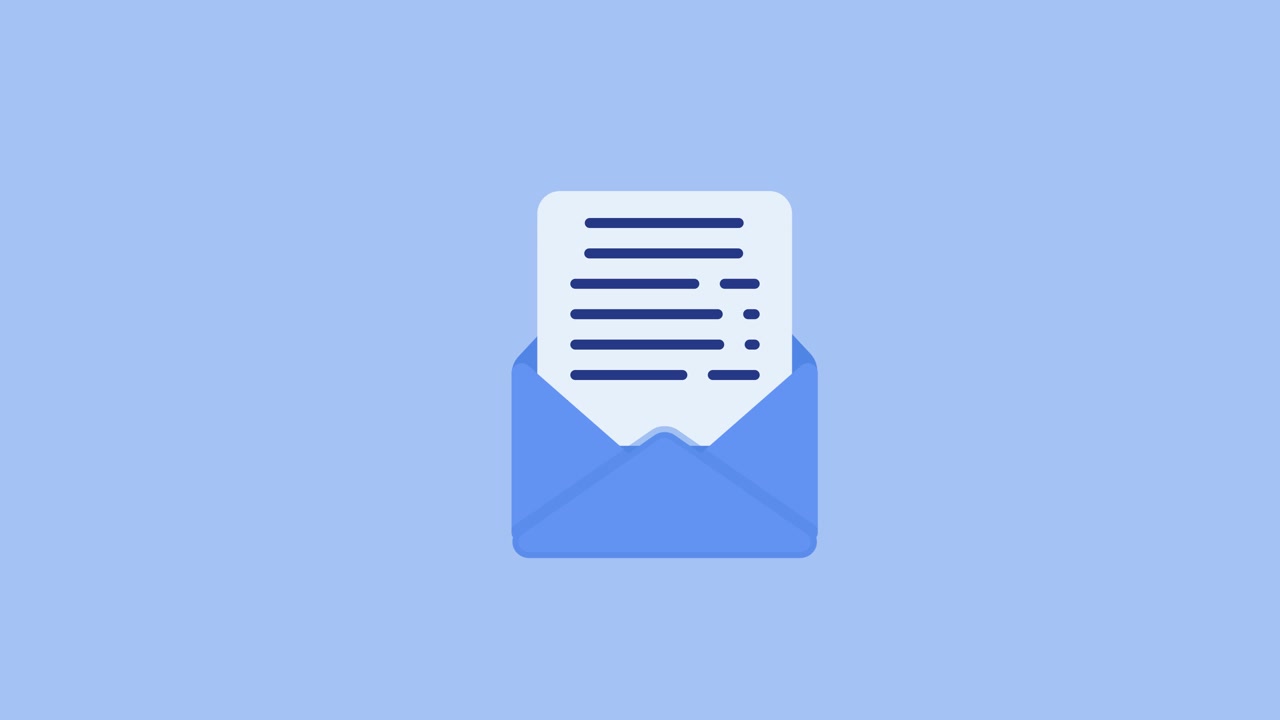 Opening email with document icon animation isolated on blue background