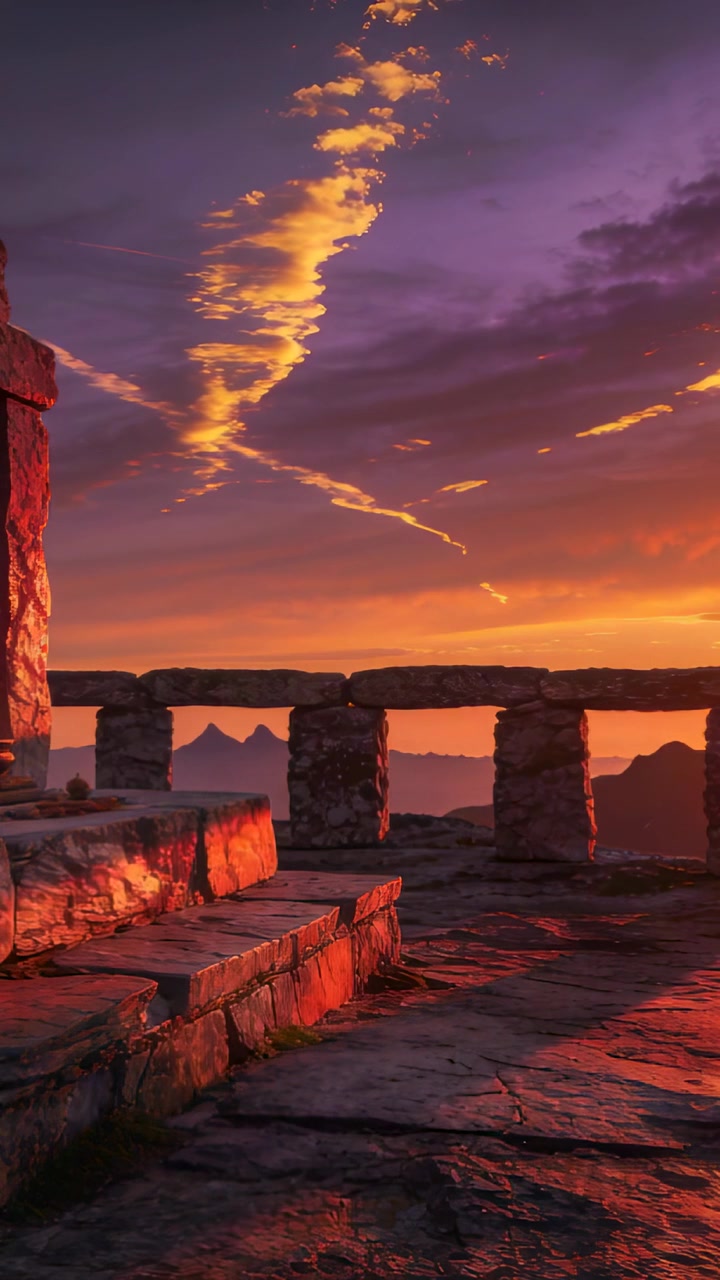 Video verticale: Scalini, ringhiera in pietra, tramonto che proietta una luce calda sulla scogliera, mostrando una striscia di nuvole.