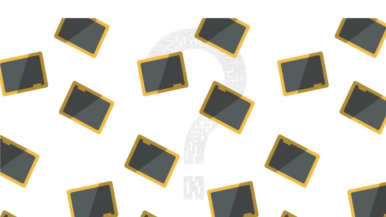 Animation of blackboard icons floating over question mark on white background