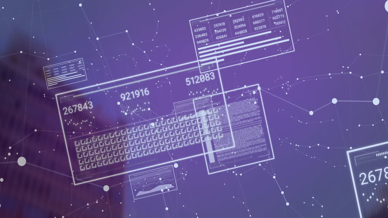 Virtual keyboard floating in futuristic dashboard displaying panels, numbers and glowing nodes