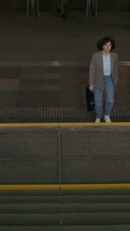 woman walking down stairs in a modern building