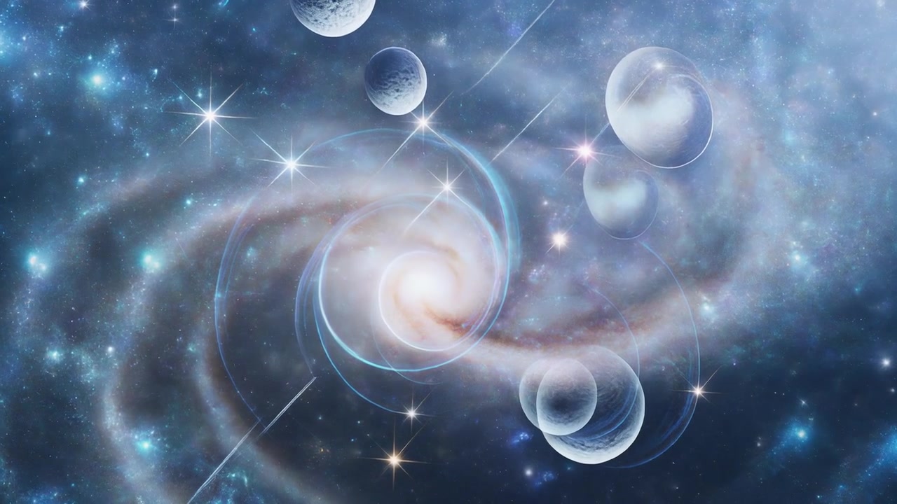 Abstracte animatie van een gloeiend spiraalstelsel en ronddraaiende planeten