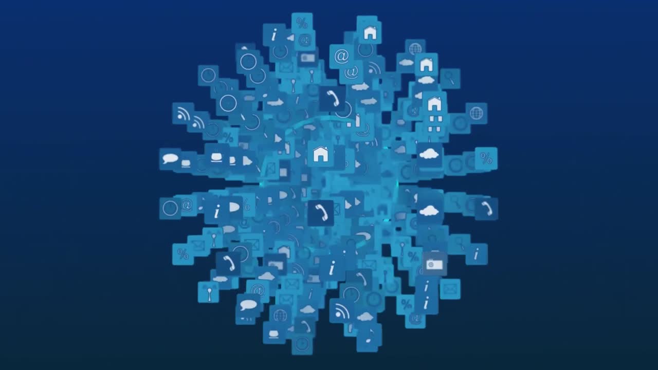 globo con iconos de computadora digital girando sobre filas de puntos y círculos azules moviéndose en fondo azul