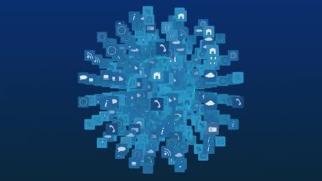 Globus-Mit-Digitalen-Computersymbolen,-Die-Sich-über-Reihen-Von-Punkten-Drehen,-Und-Blauen-Kreisen,-Die-Sich-Auf-Blauem-Hintergrund-Bewegen