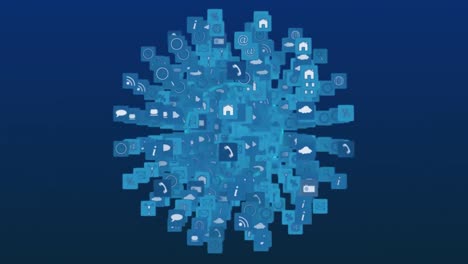 globe with digital computer icons spinning over rows of dots and blue circles moving on blue backgro