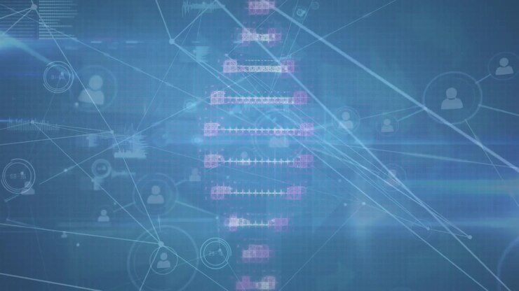 Animation of network of connections and data processing over doctor wearing vr headset