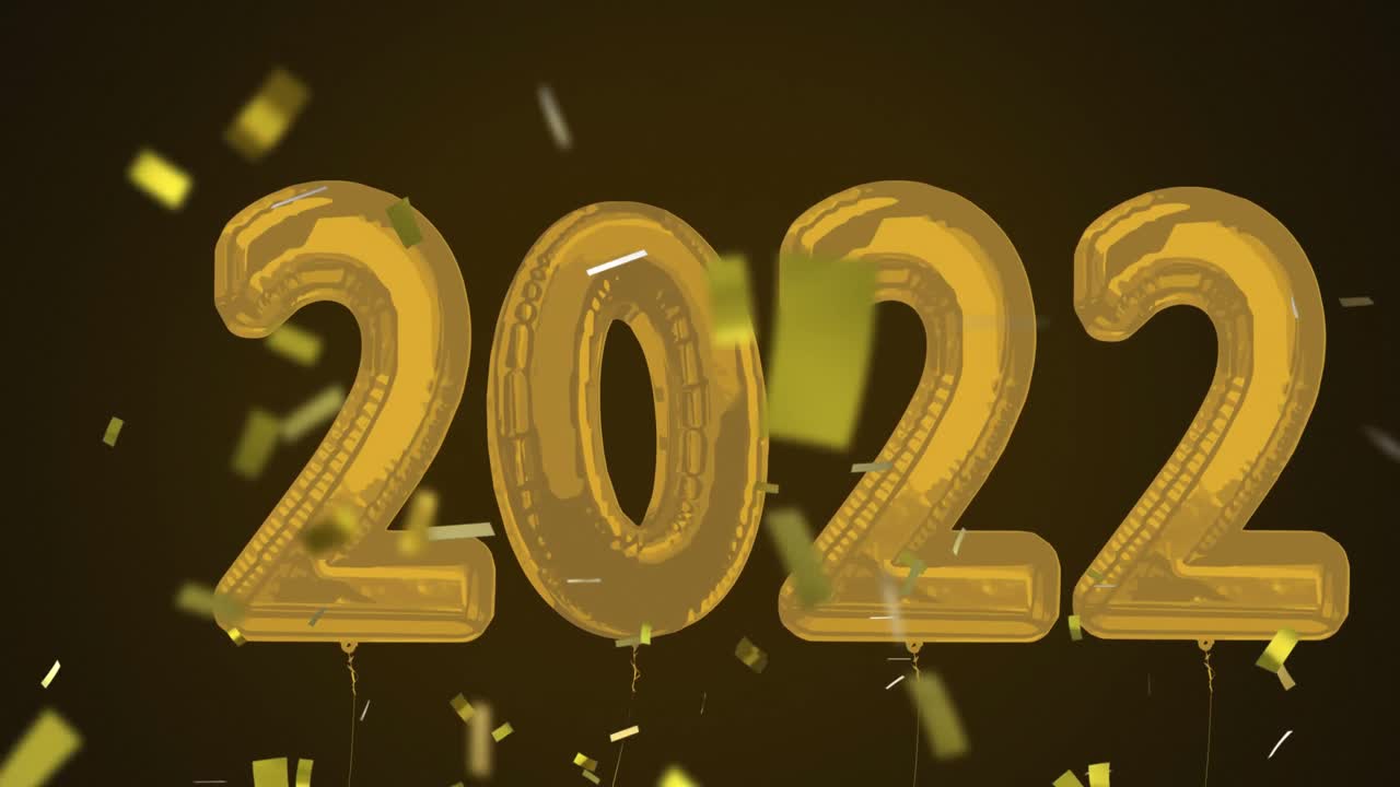 animación de globos de 2022 volando y cayendo confeti sobre un fondo negro