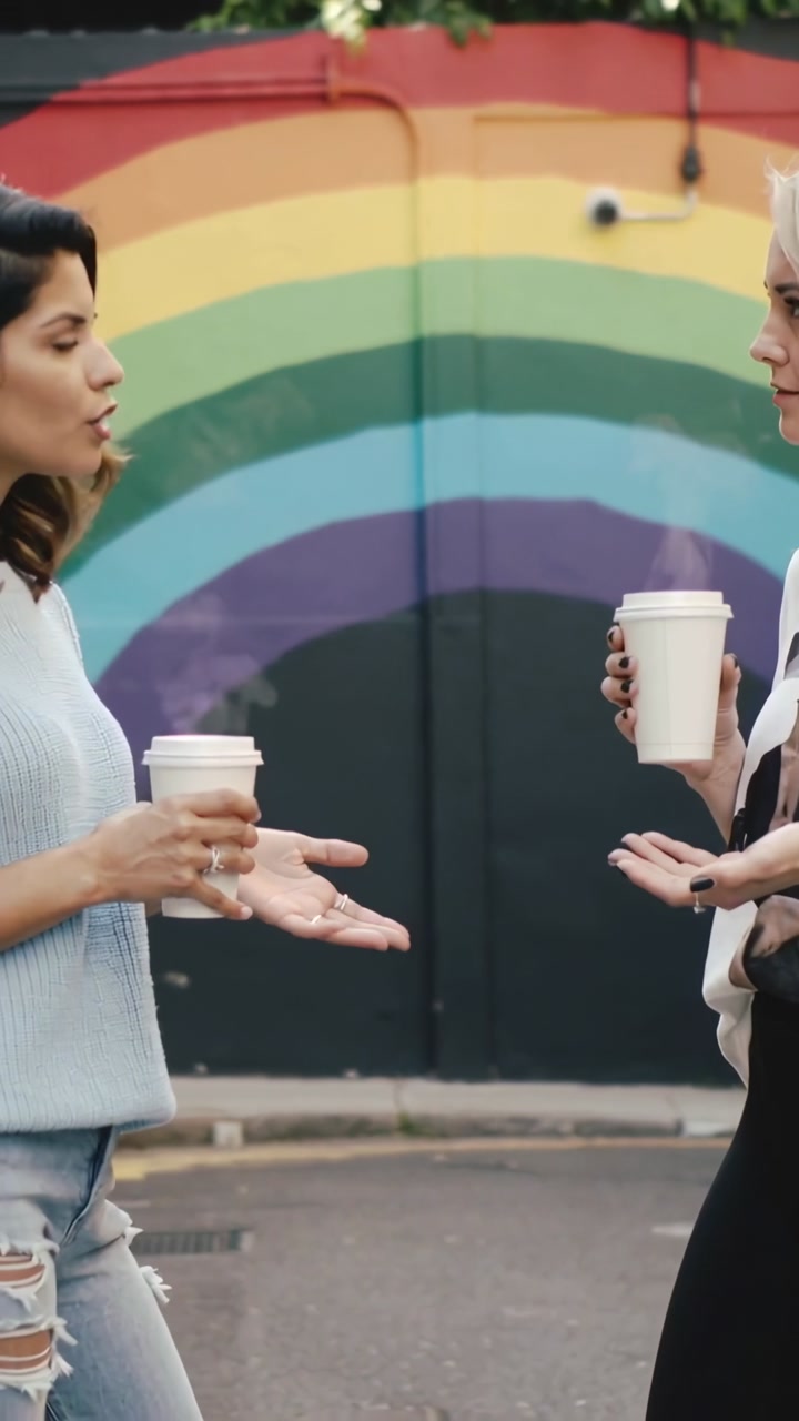 Vertical video: Raising cup, right woman catching up; in blue and white at curb with cups by mural