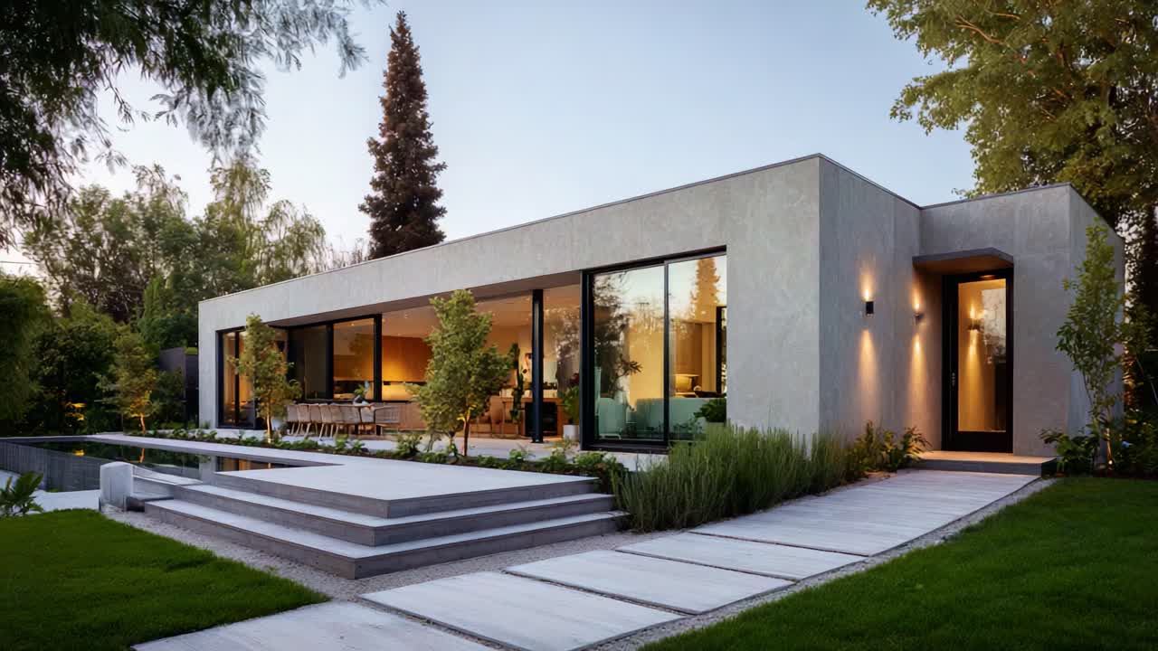 Una casa moderna rodeada de exuberante vegetación y un cuidado paisajismo al atardecer, que muestra una arquitectura contemporánea y espacios de vida al aire libre en perfecta armonía