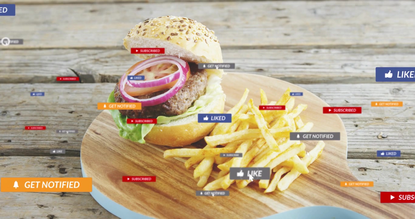 UI badges appearing from edges floating over burger with fries on wood board, showing engagement