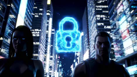 futuristic cybersecurity guardians stand resolutely in a neon-lit cityscape, their presence signaling protection against digital threats and risks in a high-tech world