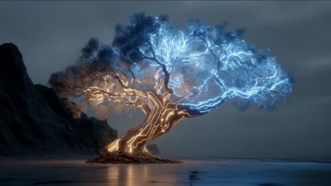 colorful enchanted tree glow. a mystical tree emits vibrant blue and orange light, set against a rocky backdrop during twilight hours.