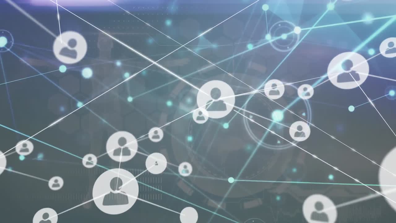 파란색 배경에 아이콘과 데이터 처리를 가진 연결 네트워크의 애니메이션