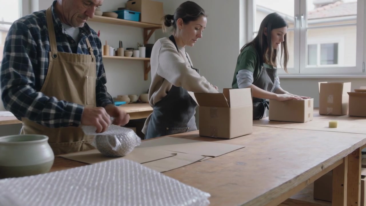 Starting shift aproned trio wrapping, boxing and taping pottery for orders at shop with bubble wrap
