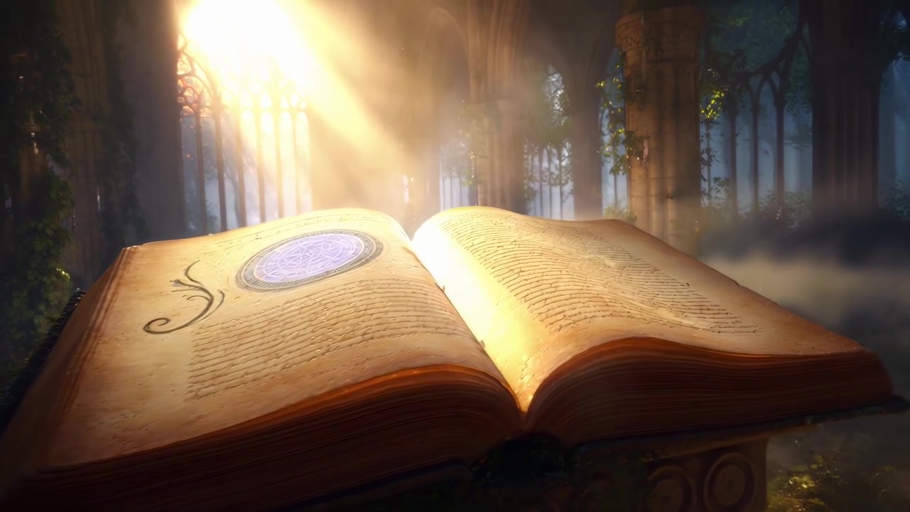 Libro magico antico luminoso tra le rovine di una cattedrale ricoperte di vegetazione