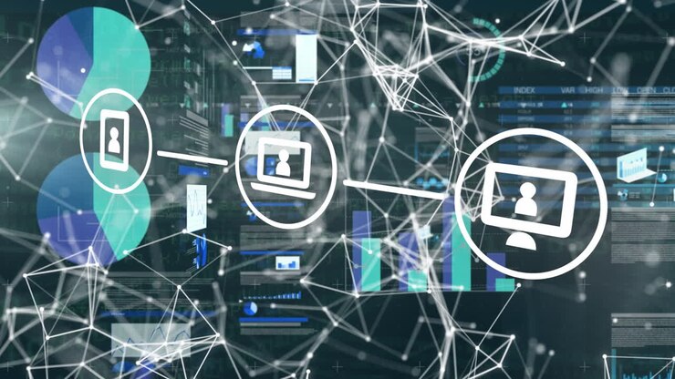 Animation of technology icons, connecting dots with data, graphs processing on digital interface