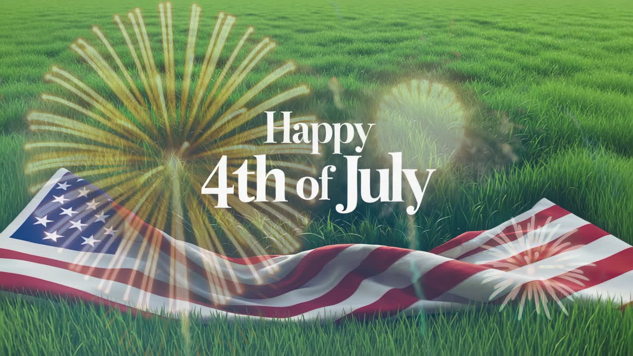 Happy 4th of July with American Flag and Fireworks