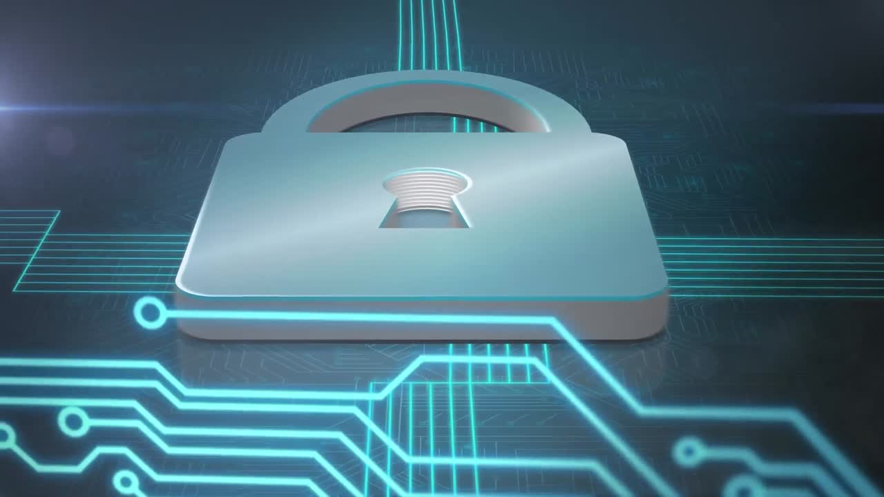 animación de circuitos integrados sobre un candado sobre fondo azul