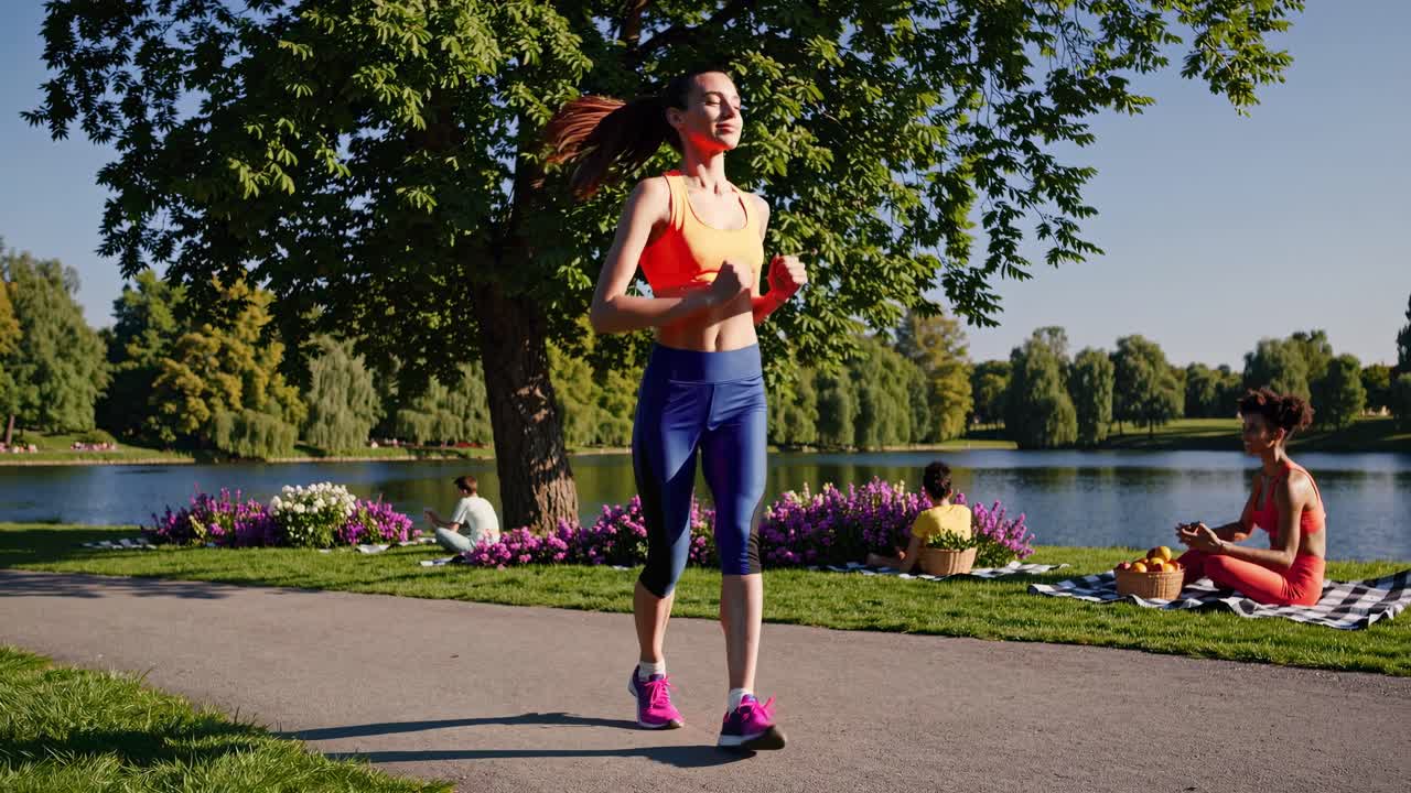 En kvinde jogger langs en parksti ved en sø, optaget fra en lav vinkel, der understreger det levende.