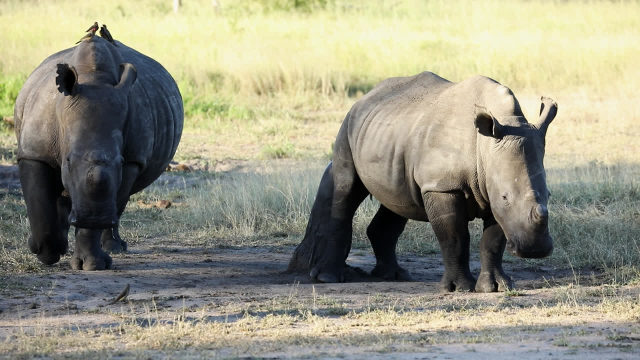 Young de-horned White Rhinoceros rubbing off ticks on a worn down scratch pole