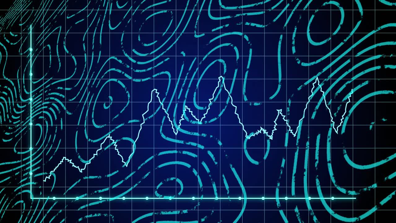 Animation of statistical data processing and topography against blue background
