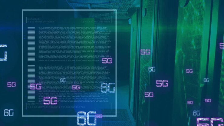 Animation of 5g and 6g text, digital data processing over computer servers