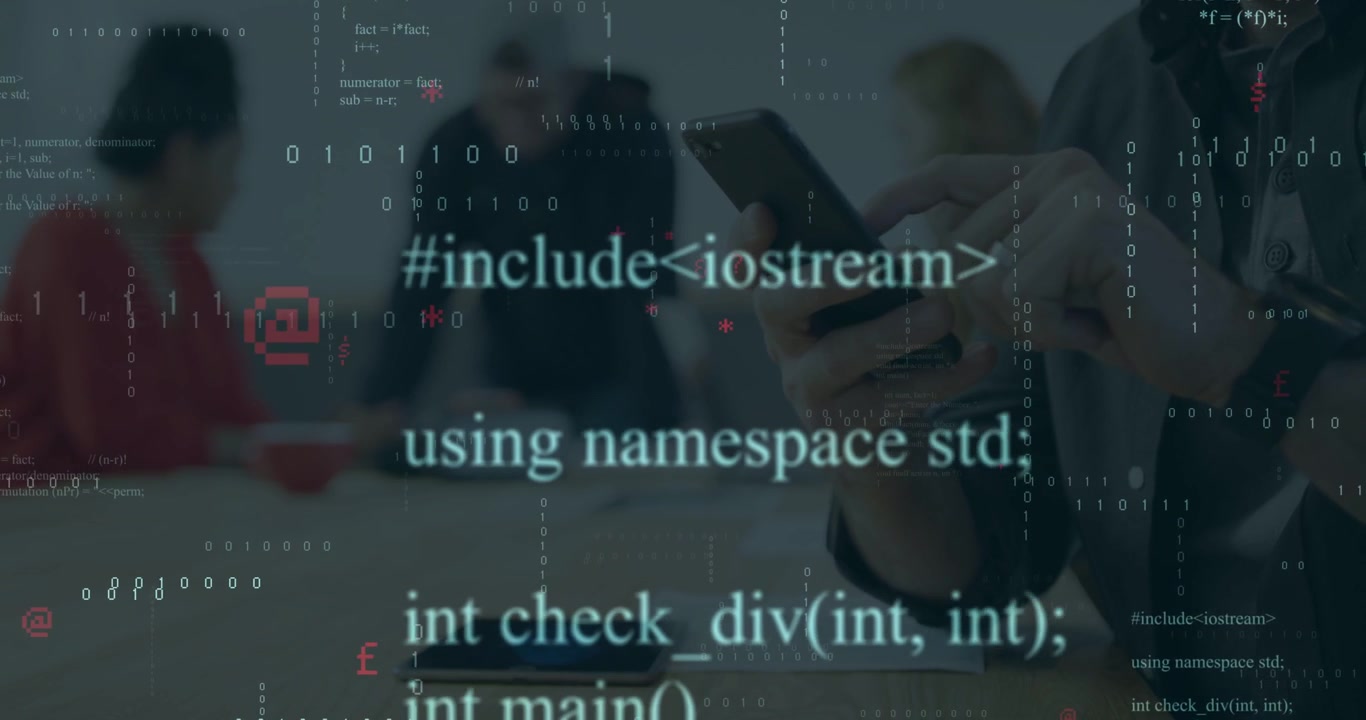 Vertical video: Man tapping phone in tech meeting, creating floating binary code over man and table