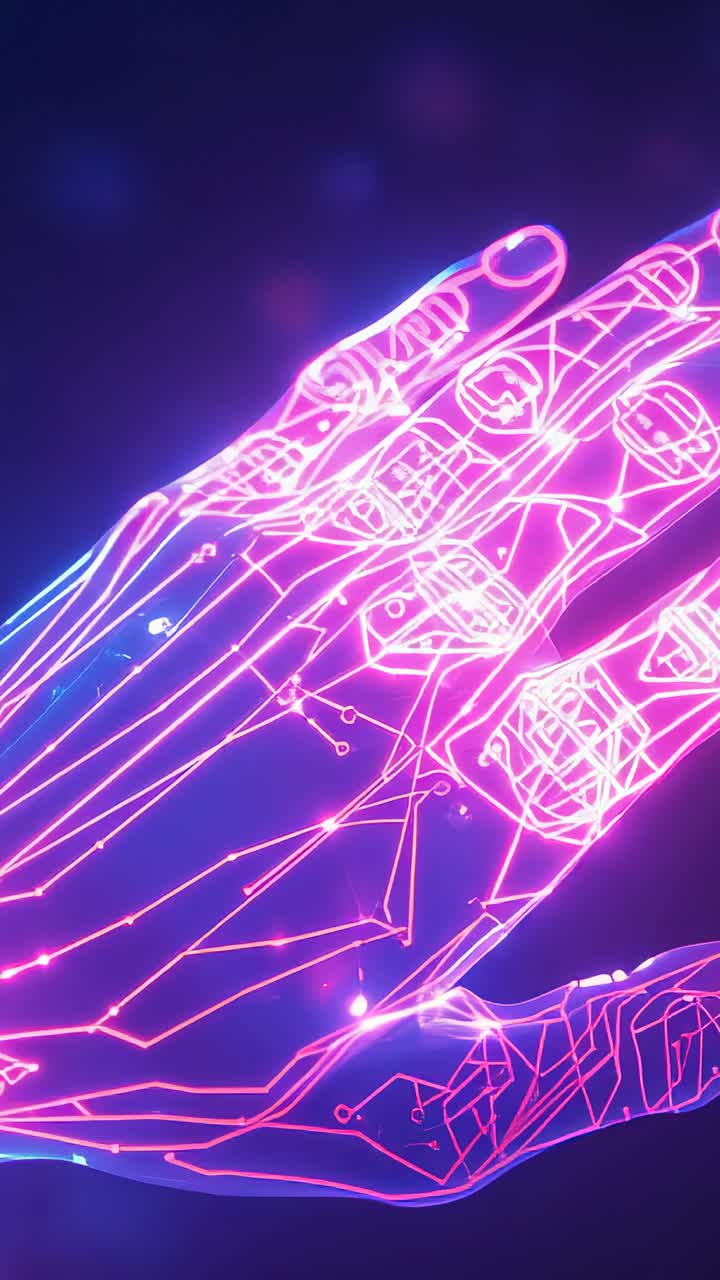 Vertical video: Powering up, pulsing glass hand lighting neon nodes in dark void and sending power