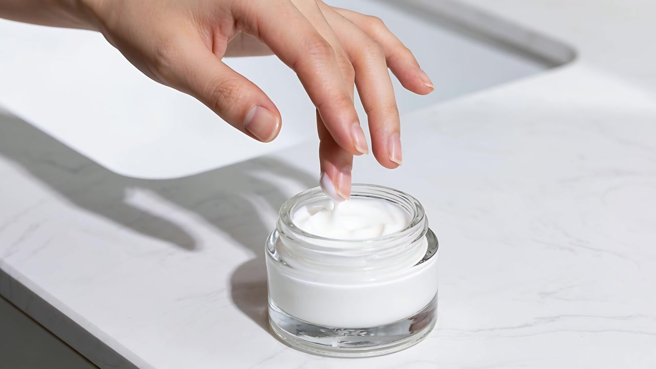 Scooping female hand entering and lifting cream from jar on bathroom vanity for skincare, sink