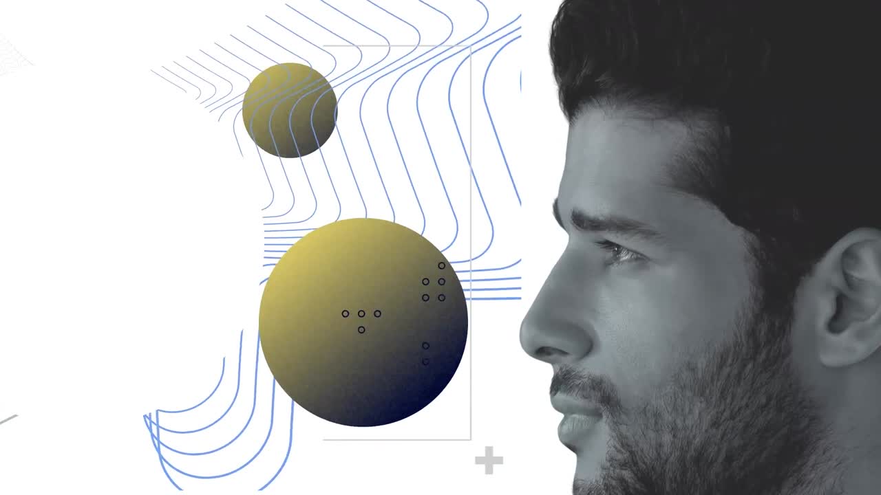 animación de globos con una red de conexiones sobre la cara del hombre