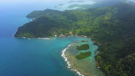 High-aerial-view-above-Panama-tropical-jungle-coastal-island-wilderness