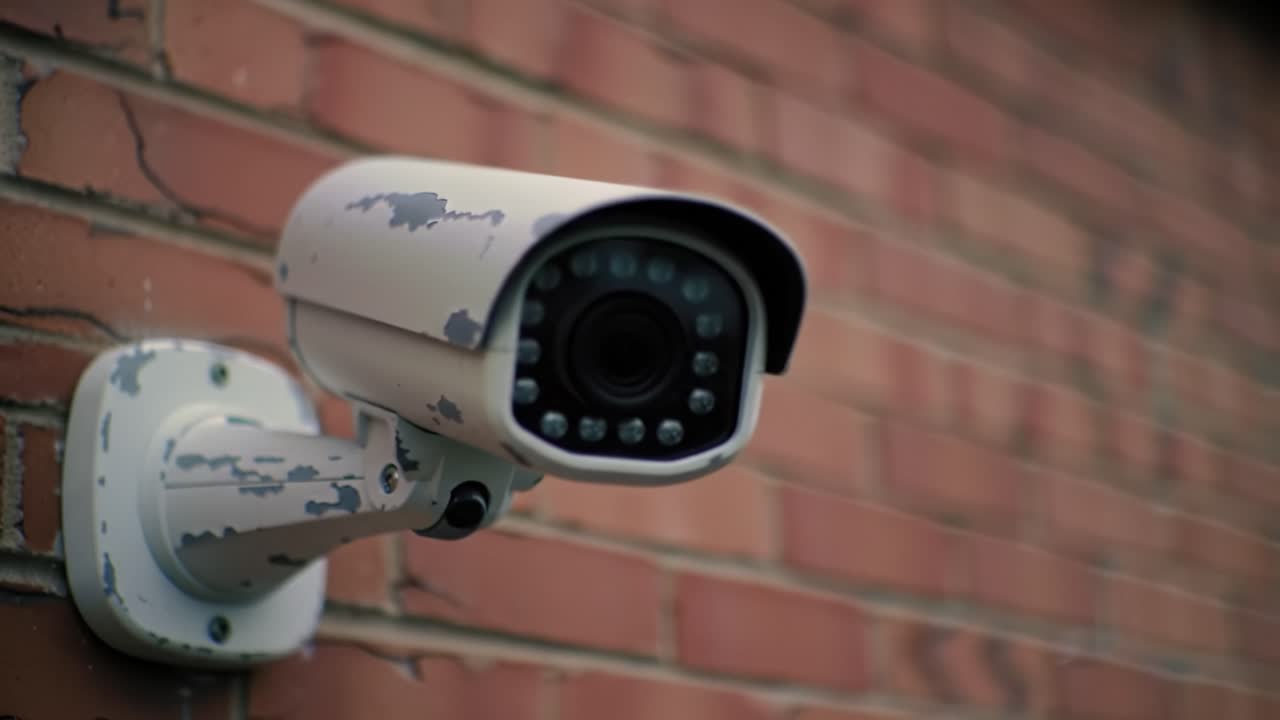 A security camera is mounted on a brick wall, monitoring the surrounding environment. The camera is old and slightly worn, indicating years of service in observing public spaces.