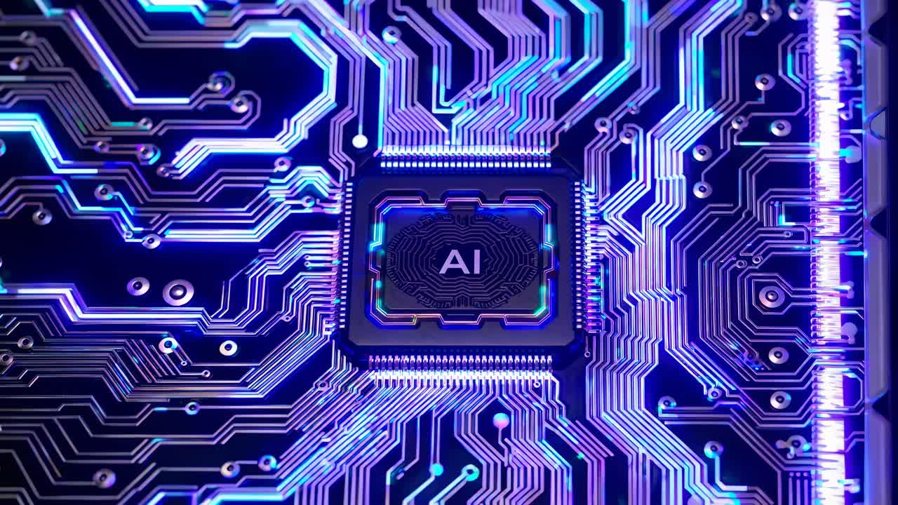 Close-up top-down view of a colorful circuit board with an AI chip, showcasing a futuristic tech