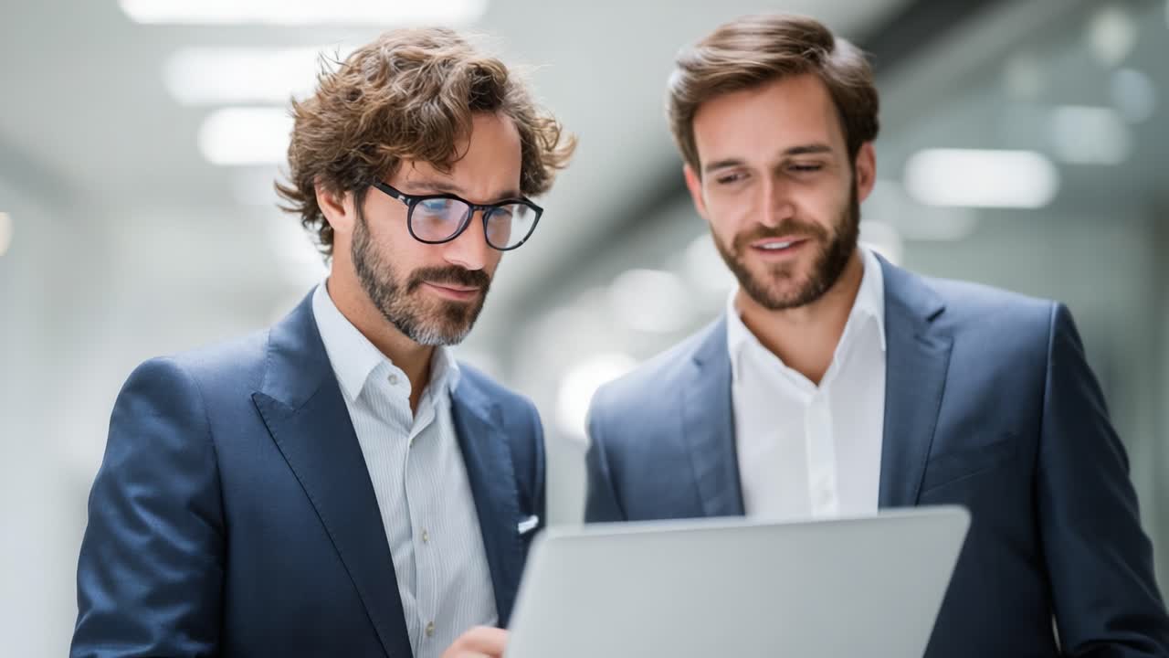 Two Professional Men Engaged in a Collaborative Discussion While Analyzing Data on a Laptop in a Modern Office Environment