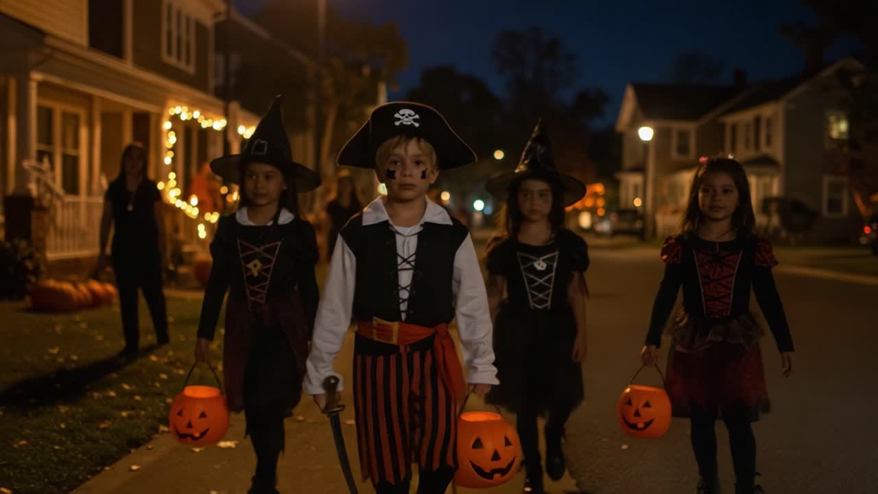 A group of children dressed in Halloween costumes, including a pirate and witches, walks down a decorated street at night, carrying pumpkin-shaped candy bags
