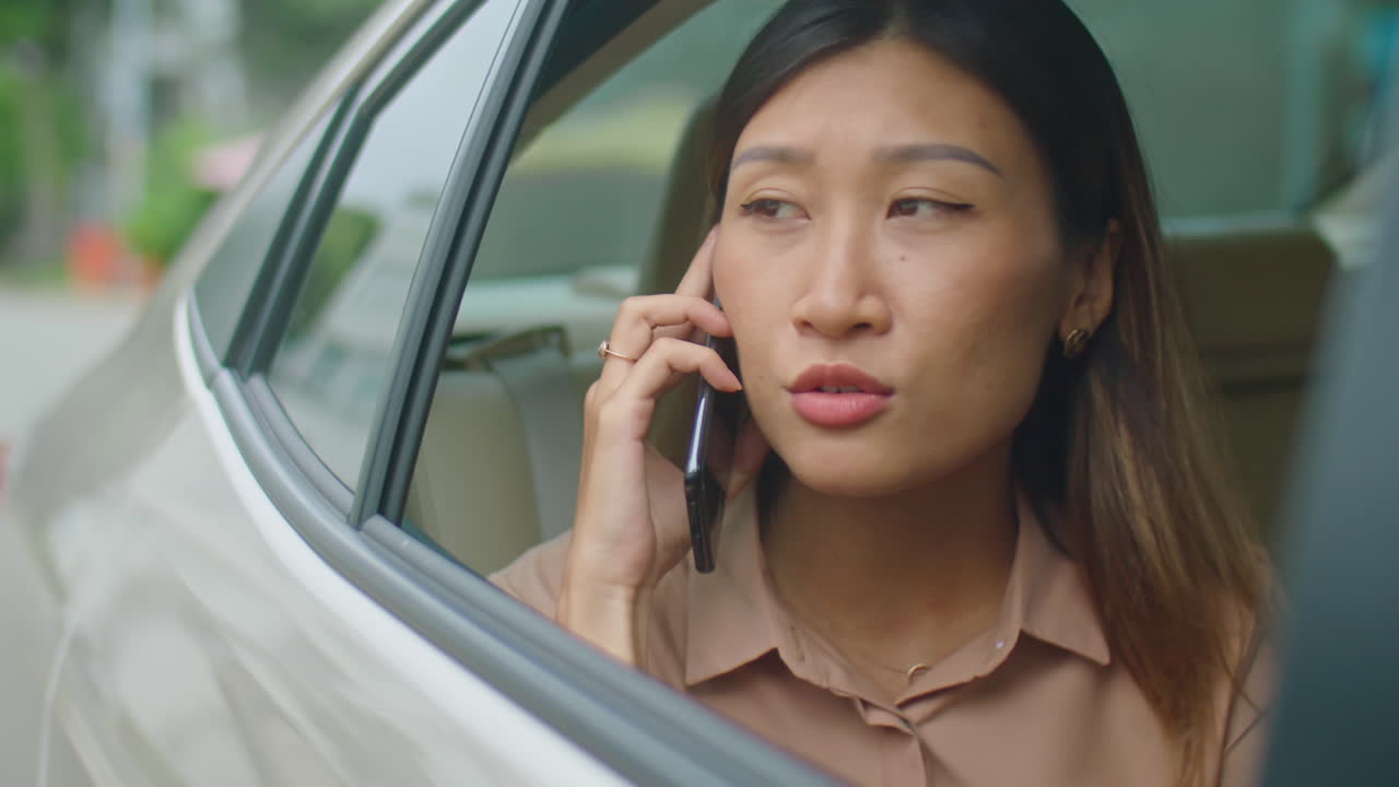 Asian Businesswoman Chatting on Phone During Car Ride