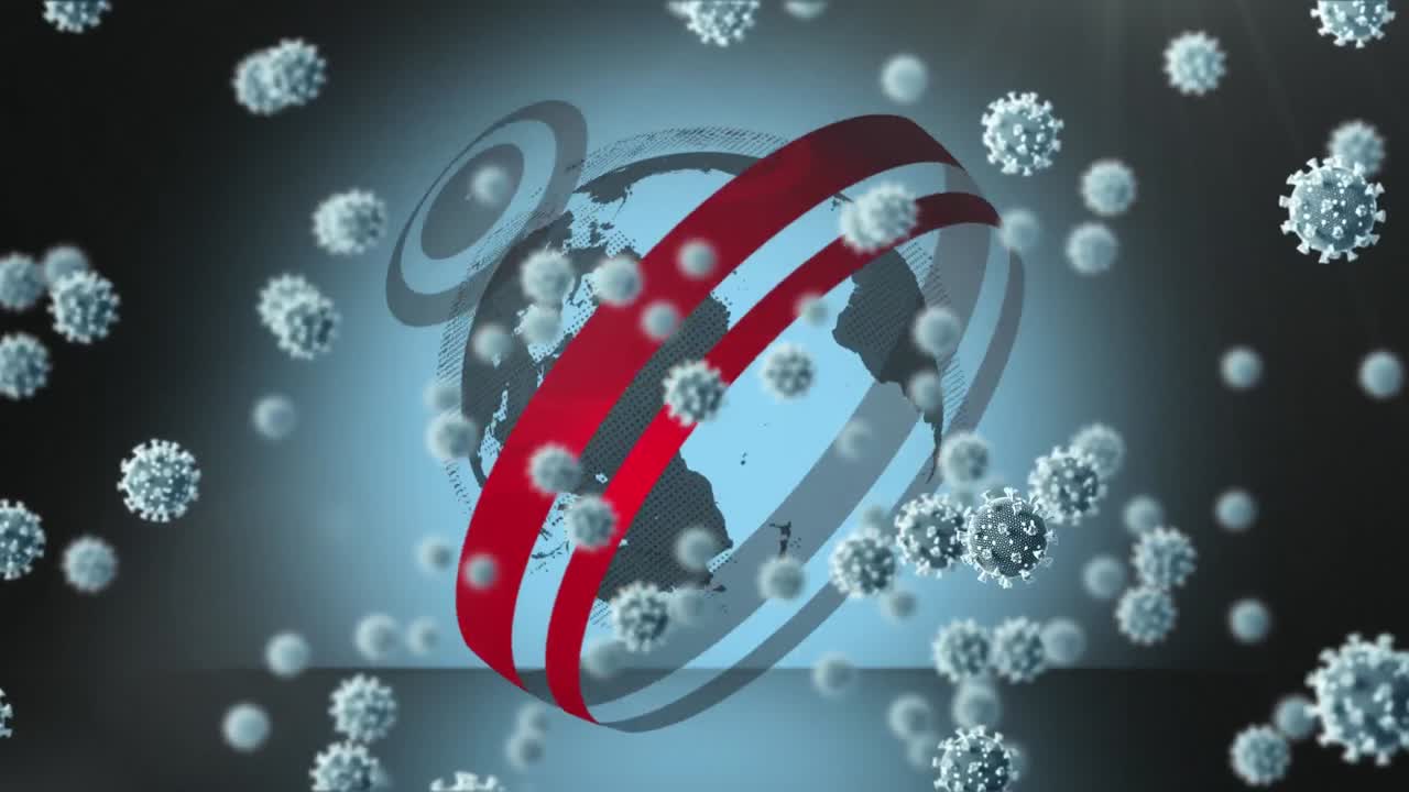 animación de células de covid 19 volando sobre el globo