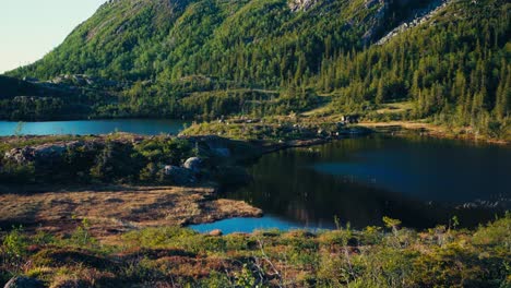 Scenic-River-And-Mountains-In-Rural-Indre-Fosen,-Norway---Panning-Shot