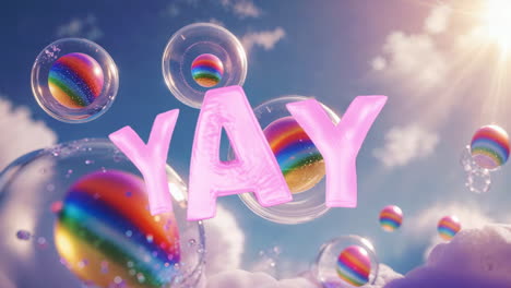 pink yay text in dreamy sky with rainbow bubbles