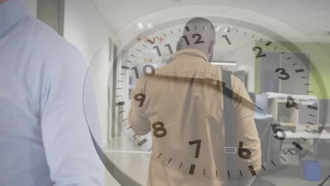 animation of moving clock over diverse colleagues walking in office