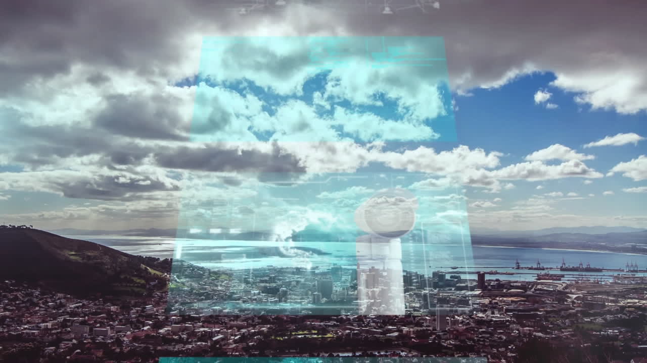 네트워크와 캐스케이딩 인터페이스의 애니메이션 및 구름진 하늘, 해안 및 바다에서 데이터를 처리