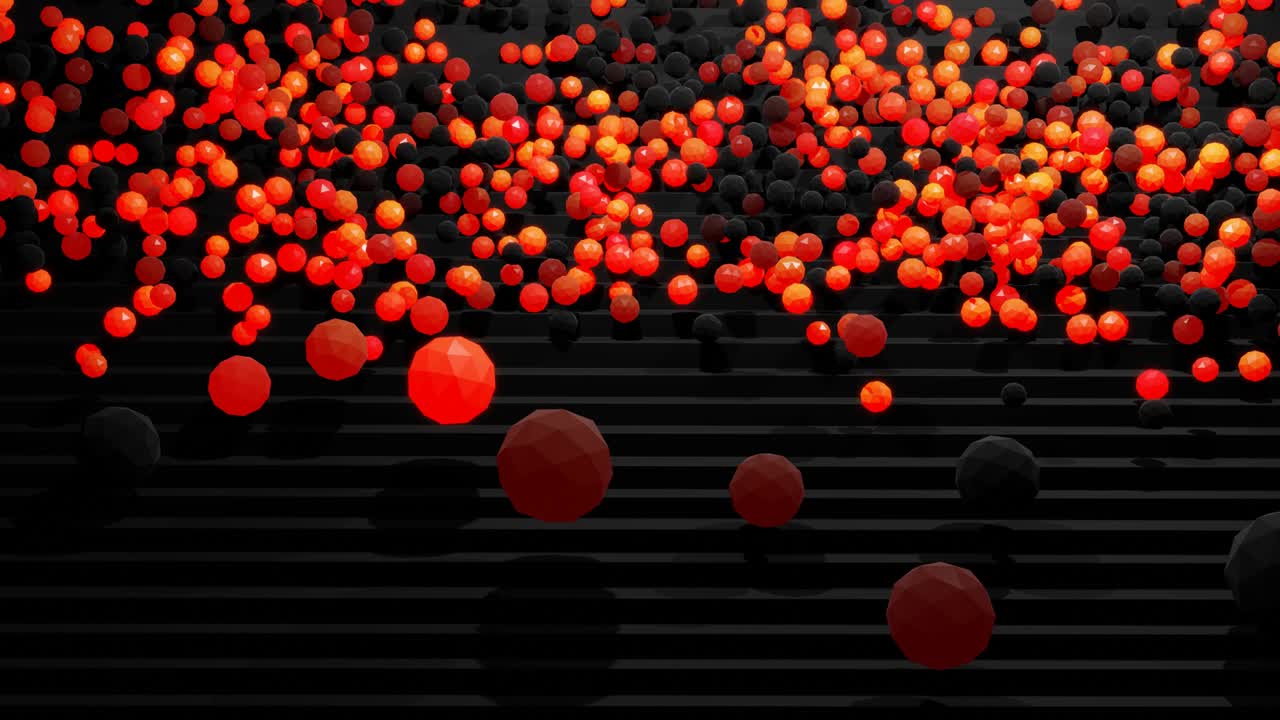 구나 공은 계단에서 떨어지고, 계단에서 반사되고, 굴러내려가며, 빛을 고, 모양을 형성합니다. 구나 공들은 추상적인 불이나 꽃줄기와 같습니다. 추상적인 배경 4k 3d 렌더링 모션 디자인 nft 스타일