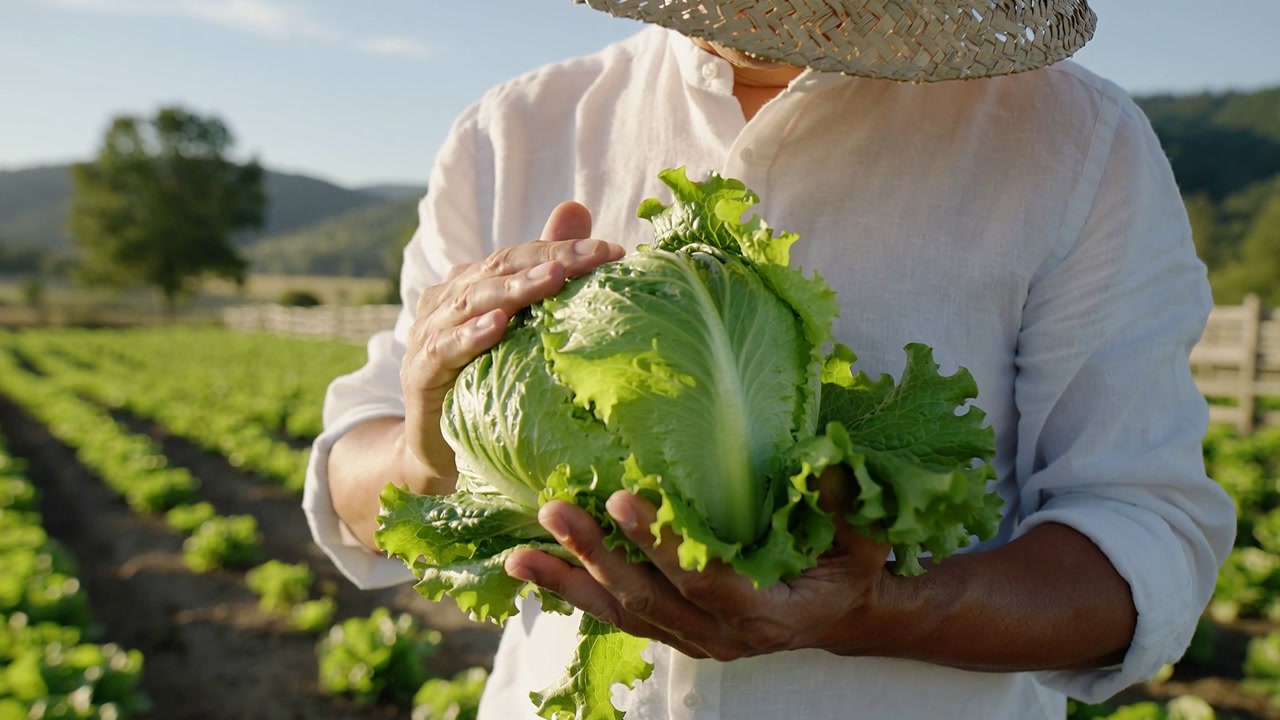 Inspecting farmer in straw hat and rolled sleeves holding fresh lettuce in field, checking firmness