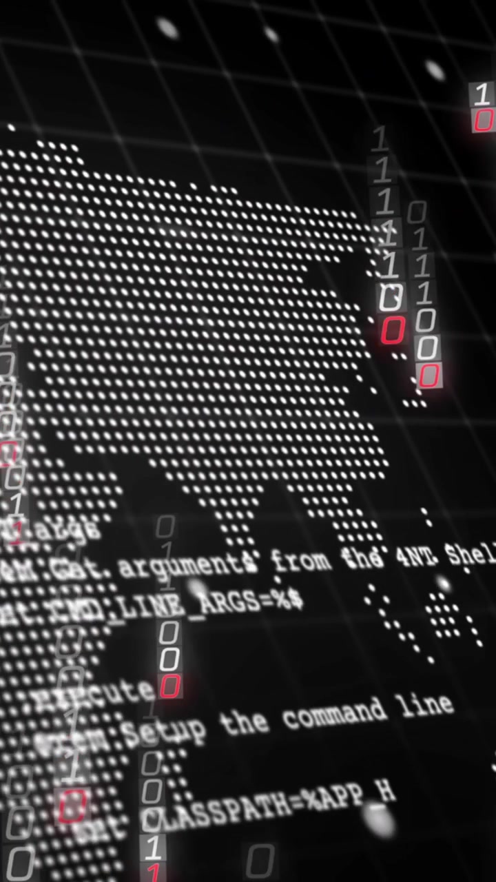 Animation of falling binary codes and programming language over dots forming map