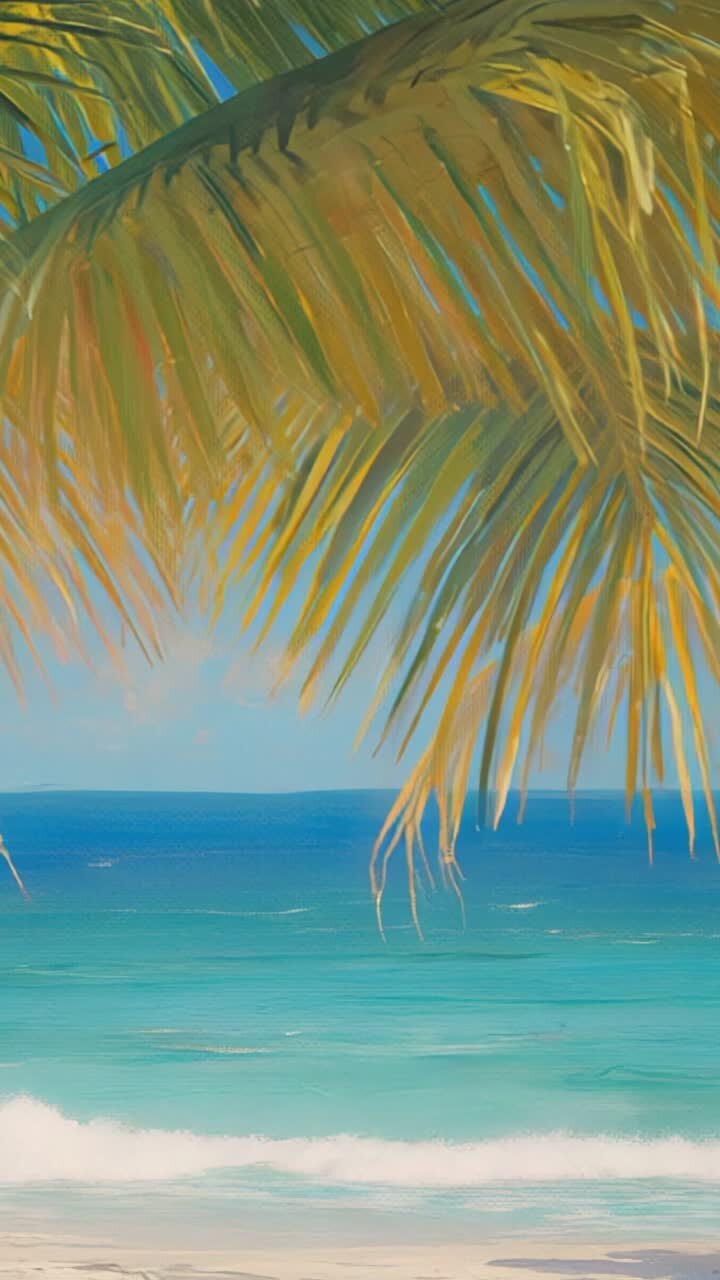 Vertical video: Breeze causing palm frond swaying and waves lapping at tropical sandy shoreline