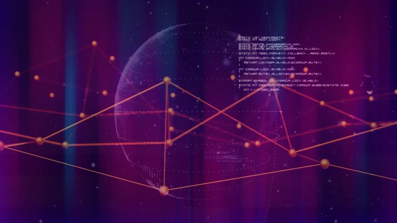 On load translucent dotted globe rotating while orange nodes moving, code fading, showing data flow