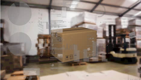 procesamiento de datos estadísticos y icono de caja que cae contra el almacén en segundo plano