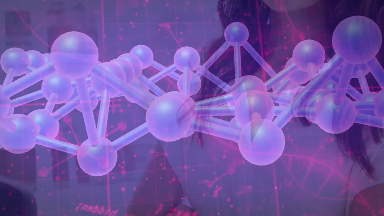 3D network drifting from right edge revealing presenter behind overlay showcasing tech display