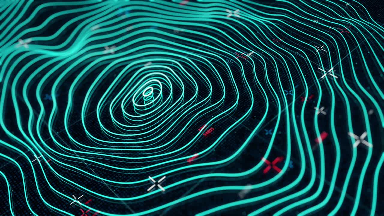 animado abstracto curvado círculos concéntricos de neón en fondo negro. animación. futurista programa de ubicación geográfica turquesa con superficie ondulada, bucle sin costuras