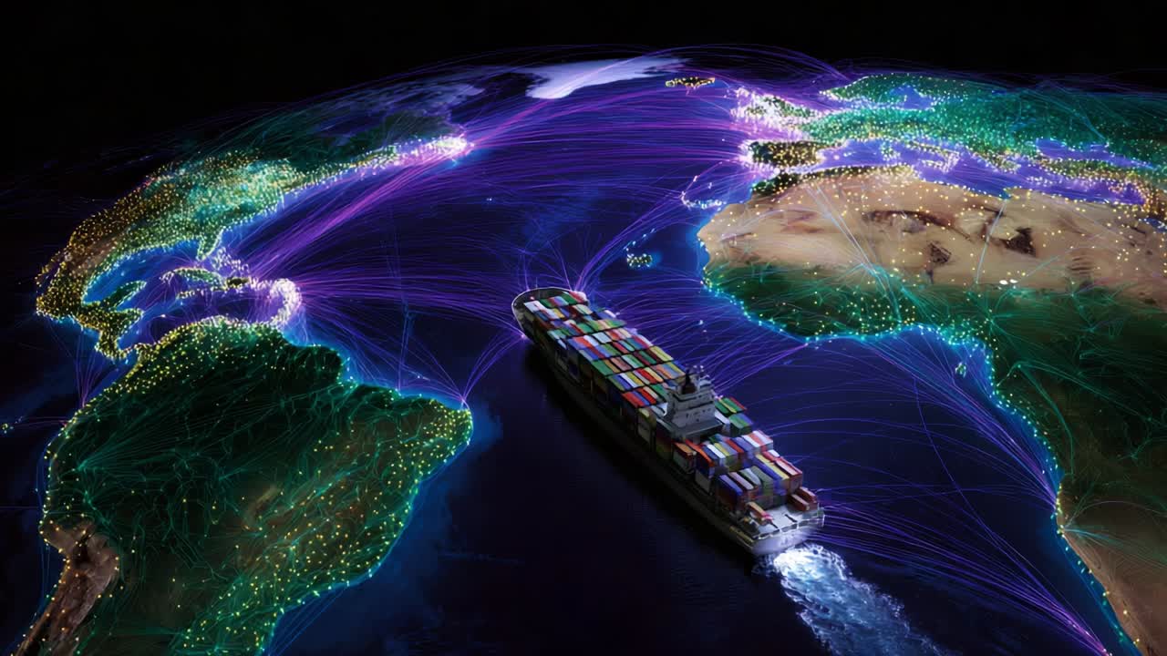 A Majestic Container Ship Navigating Through Dynamic Trade Routes Illuminated by Colorful Data Visualizations Over a Global Map Representing Global Shipping and Trade Connectivity